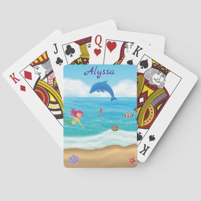 Fun in the Sun Mermaid Dolphin Beach Personalised Playing Cards (Back)