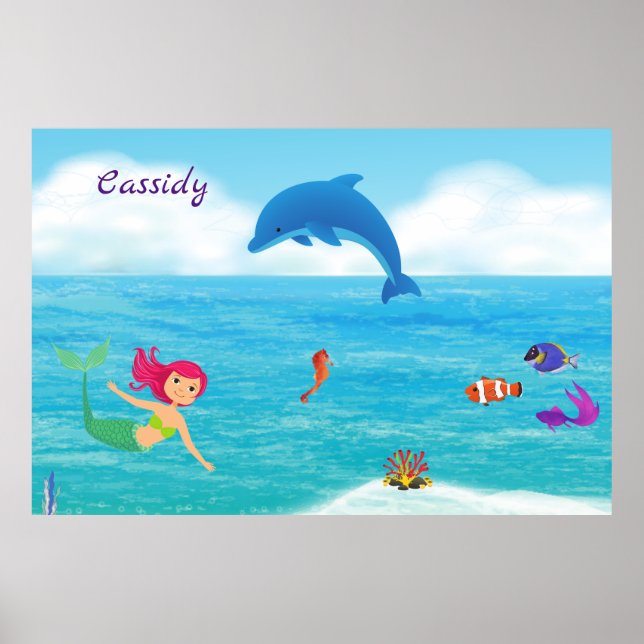 Fun in the Sun Mermaid Dolphin Beach Personalised Poster (Front)