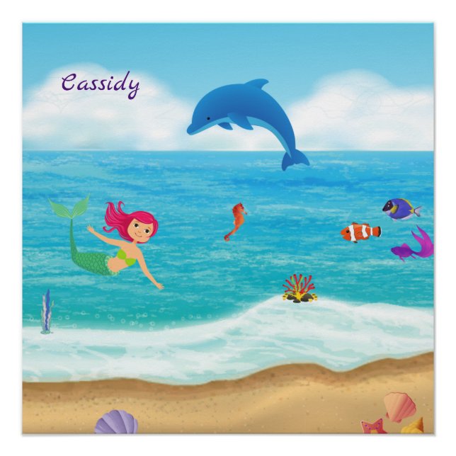 Fun in the Sun Mermaid Dolphin Beach Personalised Poster (Front)