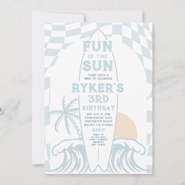 Fun In The Sun Surf Surfboard Birthday Party Invitation (Front)