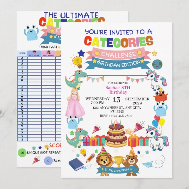 Fun Interactive "Categories Challenge"Birthday Invitation (Front/Back)
