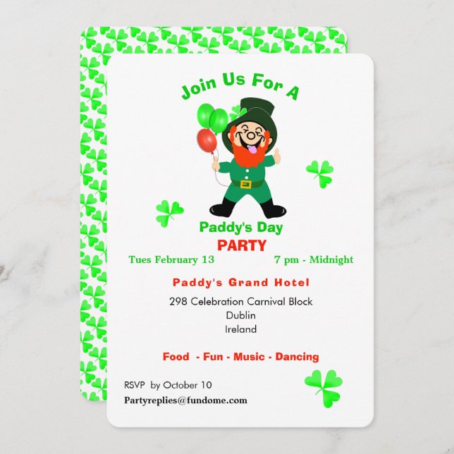 Fun Irish Celebration Leprechaun Party Invite (Front/Back)