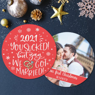 Fun ironic we got married elopement photo holiday card