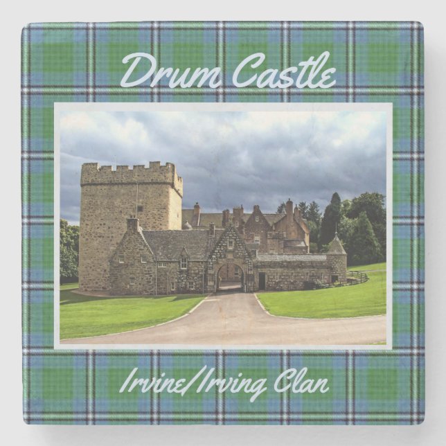 Fun Irvine/Irving Clan's Drum Castle & Tartan Stone Coaster (Front)