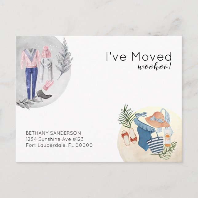 Fun I've Moved Warmer Climate Beach Moving House Announcement Postcard (Front)