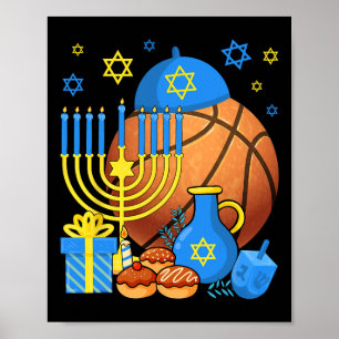 Fun Jewish Bysketbyll Byll Menorah Happy Hanukkah  Poster