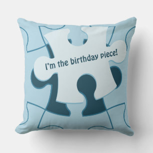 Fun Jigsaw Puzzle "I’m the birthday piece!" Blue Cushion