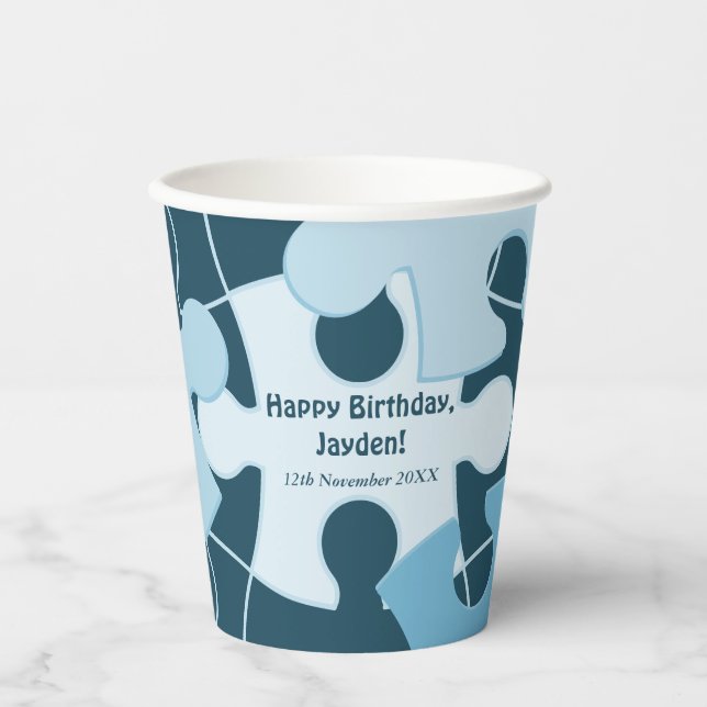 Fun Jigsaw Puzzle Kids Happy Birthday Name Blue Paper Cups (Front)