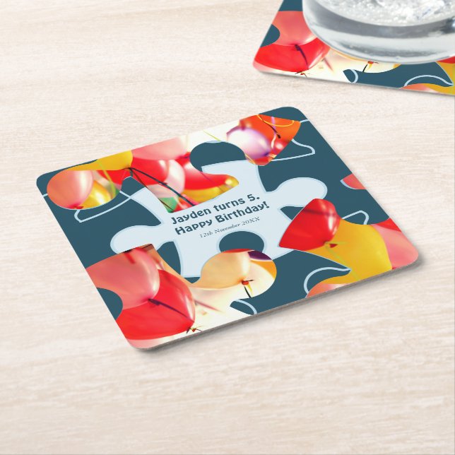 Fun Jigsaw Puzzle Kids Happy Birthday Name  Square Paper Coaster (Angled)