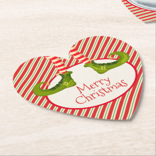 Fun Jolly Christmas Elf Legs Holiday Heart Paper Coaster
