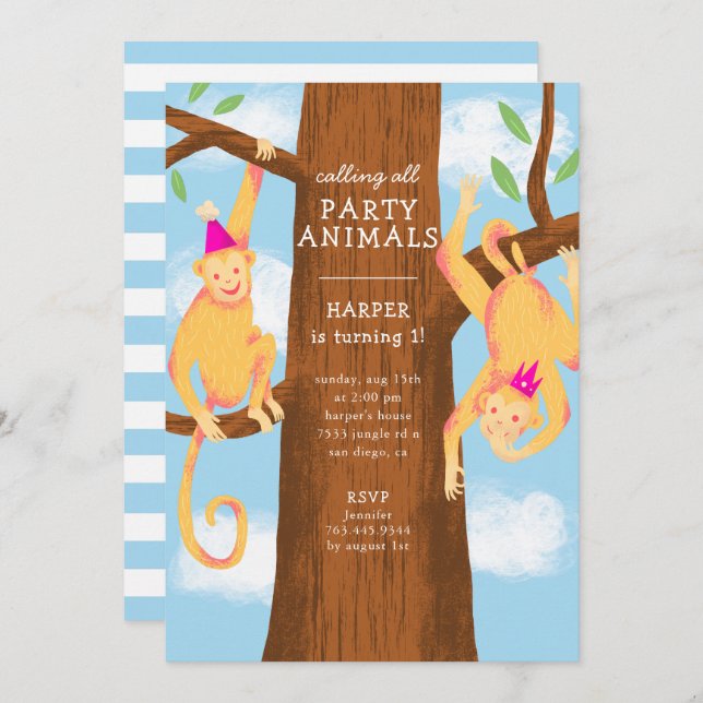Fun Jungle Monkeys Birthday Party Invitation (Front/Back)