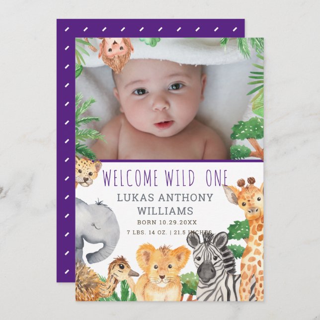 Fun Jungle Safari Animal Baby Birth Announcement   (Front/Back)