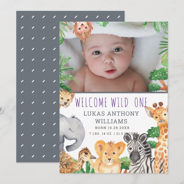 Fun Jungle Safari Animal Baby Birth Announcement   (Front/Back)