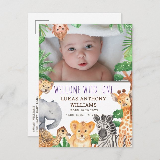 Fun Jungle Safari Animal Baby Birth Announcement   (Front/Back)
