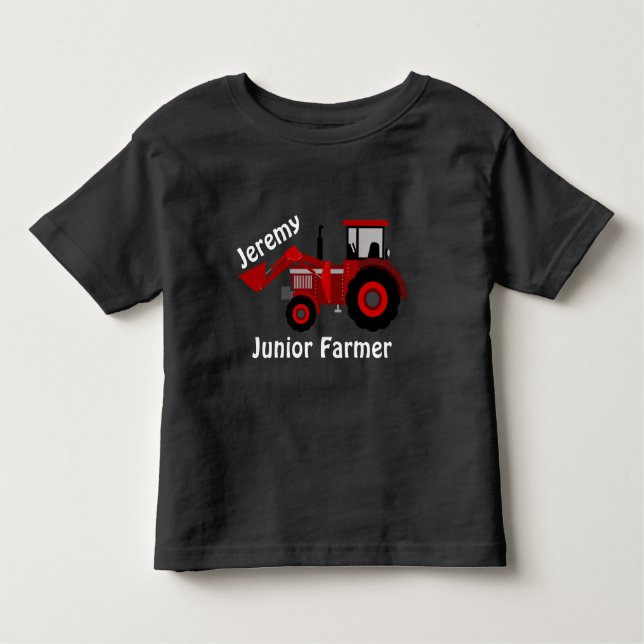 Fun "Junior Farmer" and "Name" Red Loader Tractor Toddler T-Shirt (Front)