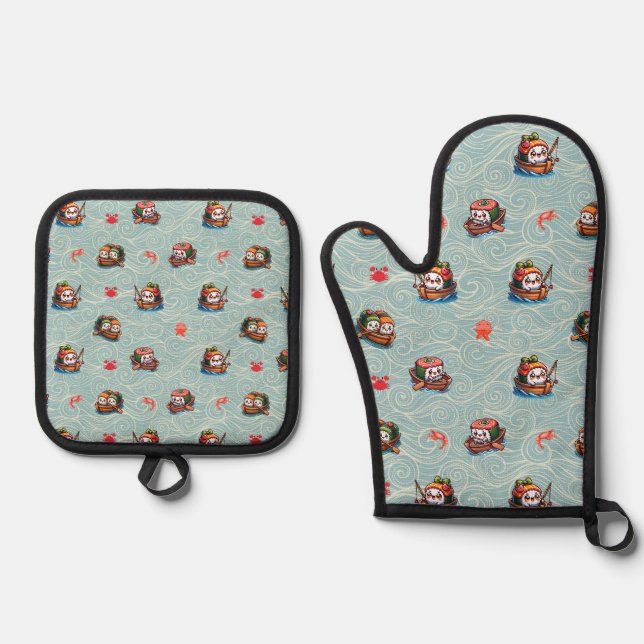Fun Kawaii Sushi Boats patterned  Oven Mitt & Pot Holder Set (Front)