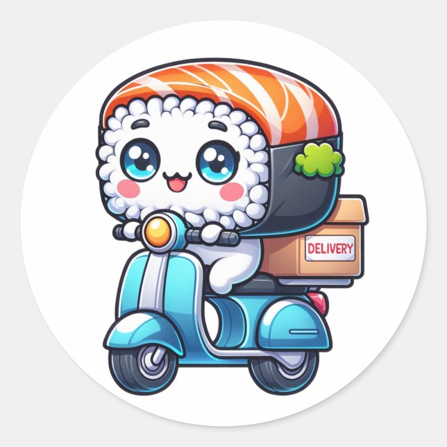 Fun Kawaii Sushi on delivery scooter Classic Round Sticker (Front)