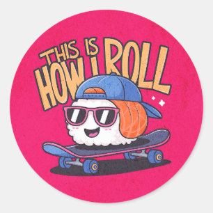 Fun Kawaii Sushi on skateboard Classic Round Sticker