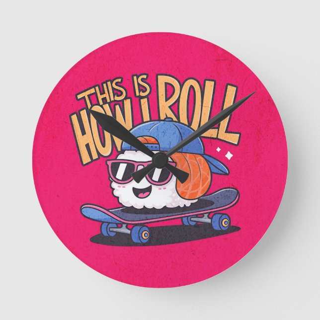 Fun Kawaii Sushi on skateboard Round Clock (Front)