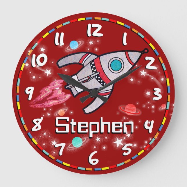 Fun kids boys rocket space dark red wall clock (Front)