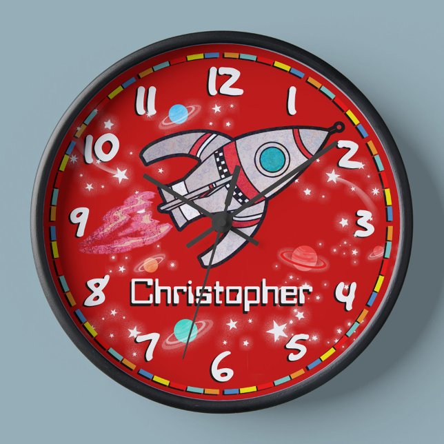 Fun kids boys rocket space name red wall clock (Creator Uploaded)