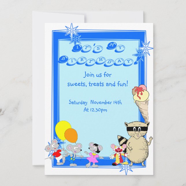 Fun kids  cartoon birthday party invitation (Front)