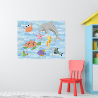 Fun kids cute sea animals dolphin turtle starfish