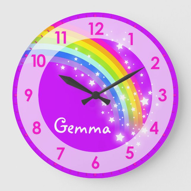 Fun kids girls rainbow name purple wall clock (Front)
