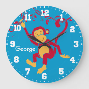 Fun kids name monkey red, blue & white wall clock