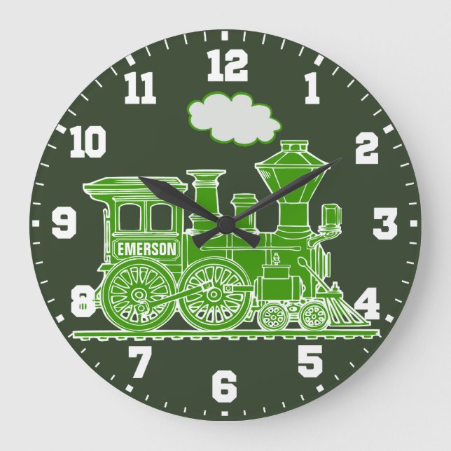 Fun kids name train green and white wall clock (Front)