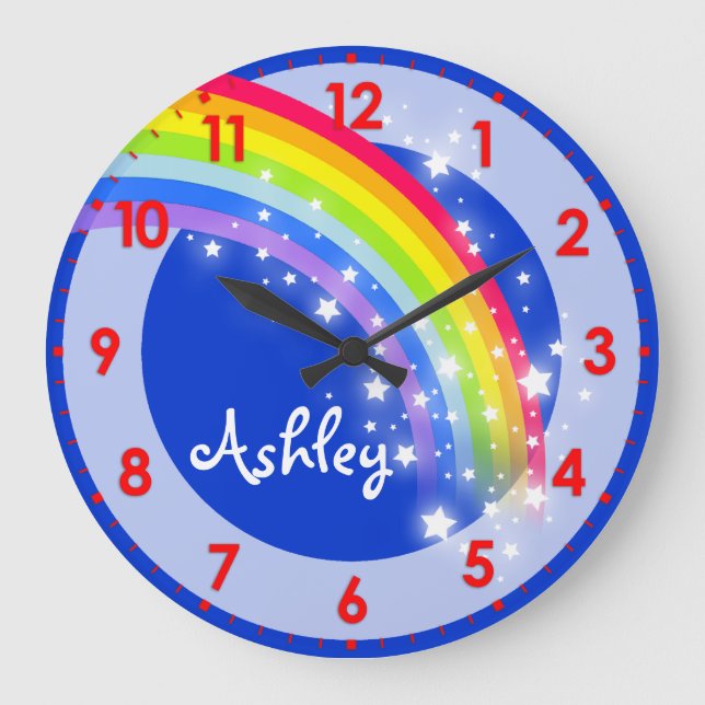 Fun kids rainbow name blue wall clock (Front)