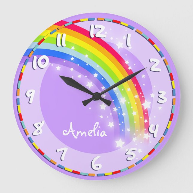 Fun kids rainbow name purple wall clock (Front)
