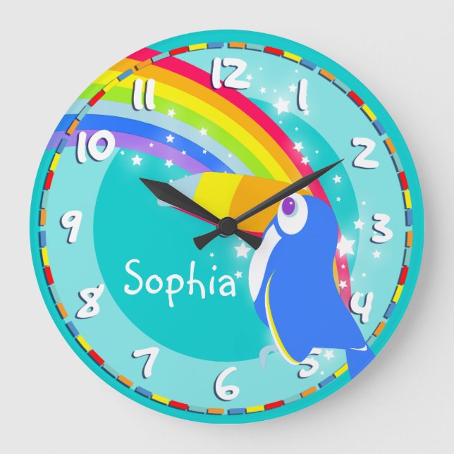 Fun kids rainbow toucan name aqua wall clock (Front)
