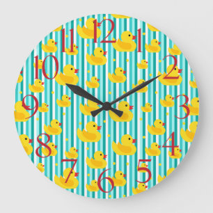 Fun Kids Rubber Ducks on Blue Stripes Bathroom Large Clock