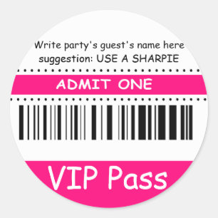 Fun Kids VIP Pass Admit One Birthday Party fuschia Classic Round Sticker