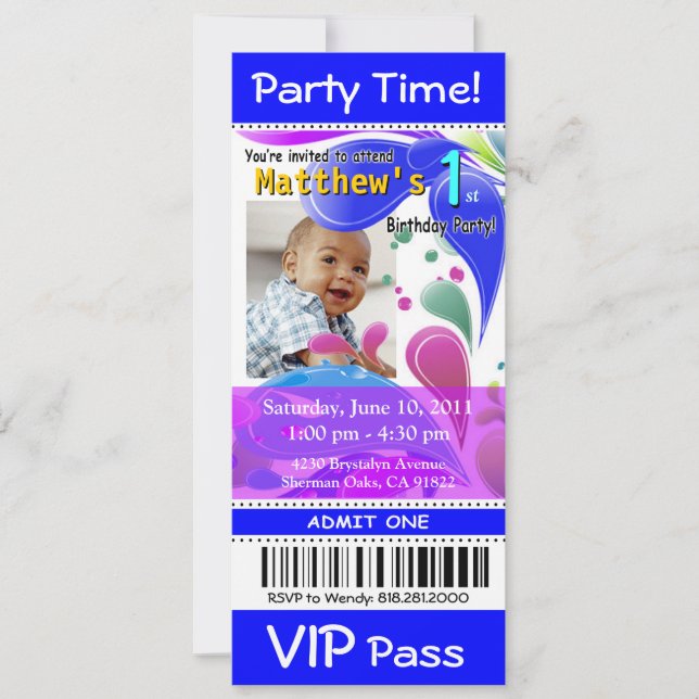 Fun Kids VIP Pass Event Ticket Photo Party (blue) Invitation (Front)