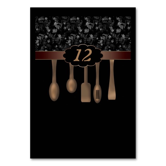 Fun kitchen wooden surface spoons black brown dark table number (Front)
