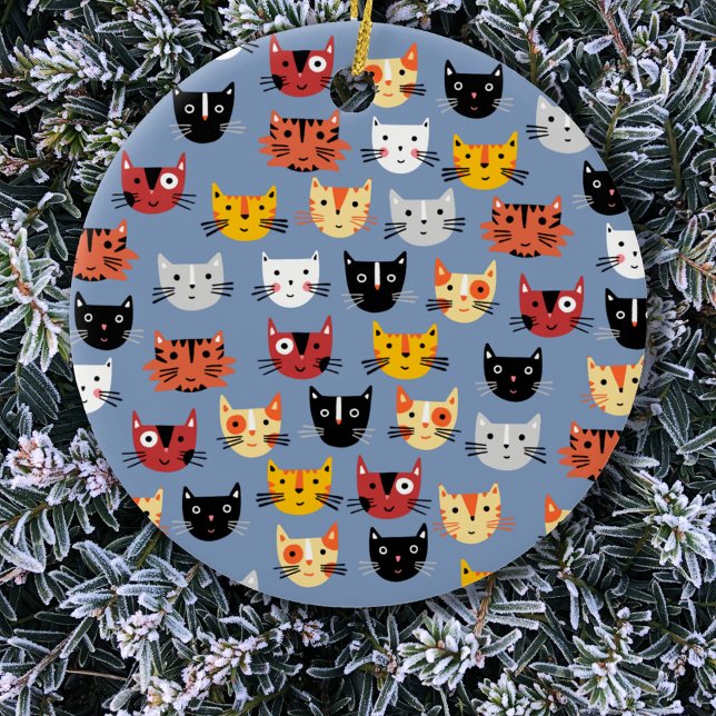 Fun Kitty Cat Ceramic Ornament (Fun kitty cat pattern Christmas ornament)