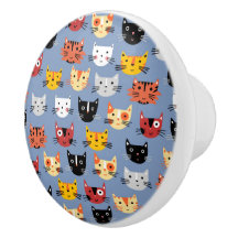Fun Kitty Cat Pattern Blue Ceramic Knob
