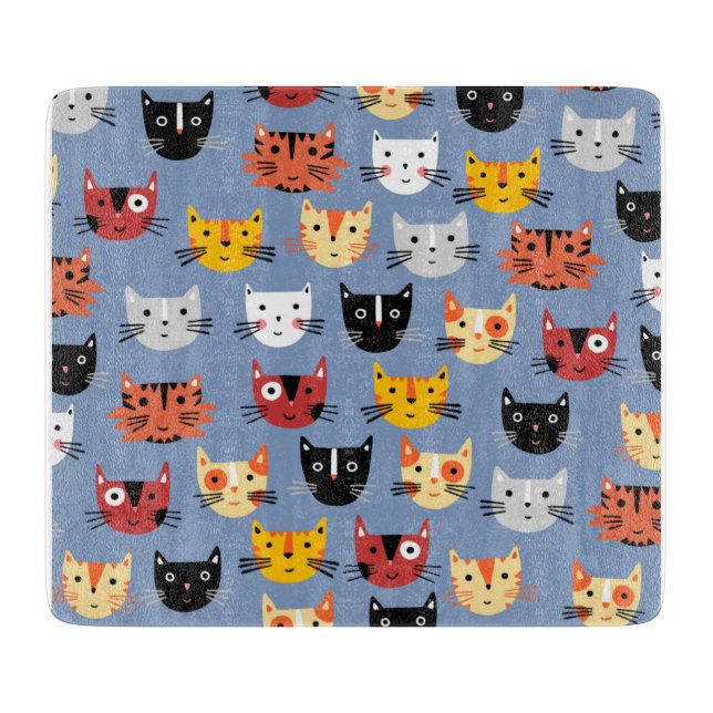 Fun Kitty Cat Pattern Blue Cutting Board (Front)
