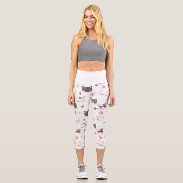 Fun Kitty Cat Pattern Capri Leggings (Front)