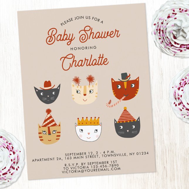 Fun Kitty Cat Personalised Baby Shower Invitation Postcard (Cute kitty cat personalized gender neutral boy or girl baby shower invitation)
