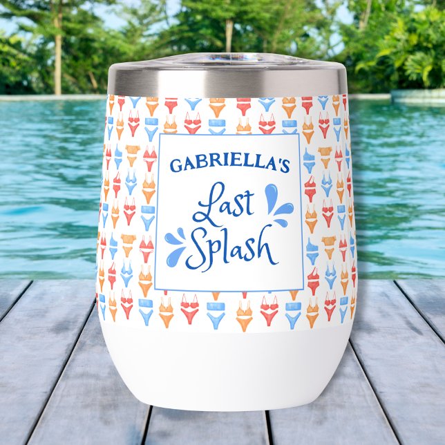 Fun "Last Splash" Theme Personalised Bachelorette (Personalized Bachelorette Wine Tumbler - Last Splash Beach Party Favor with Fun Bikini Design)