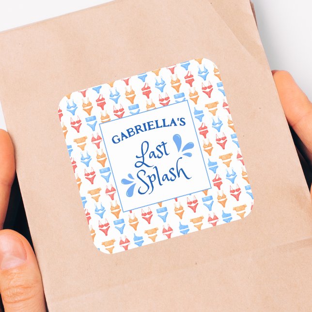 Fun "Last Splash" Theme Personalised Bachelorette Square Sticker (Custom Bachelorette Party Stickers - Last Splash Beach Theme with Fun Bikini Pattern!)