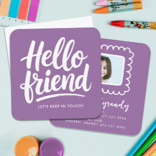 Fun Lavender Purple Hello Friend Playdate Photo Square Business Card