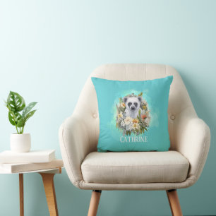 Fun lemur tropical floral teal custom name dotty cushion