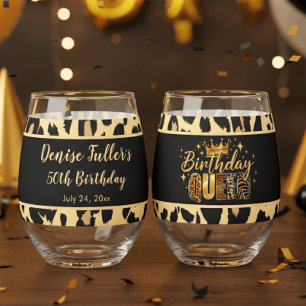 Fun Leopard Birthday Queen Fifty Birthday Stemless Wine Glass