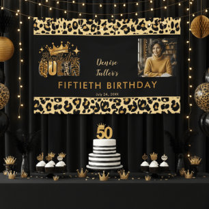 Fun Leopard Birthday Queen Fifty Photo Birthday Banner