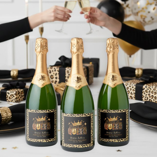 Fun Leopard Birthday Queen Forty Birthday Sparkling Wine Label (Creator Uploaded)