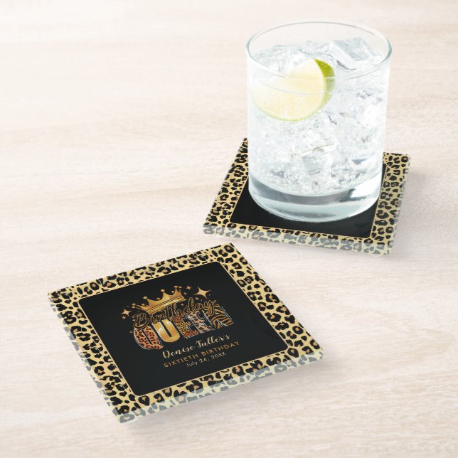 Fun Leopard Birthday Queen Sixty Birthday Glass Coaster (Angled)